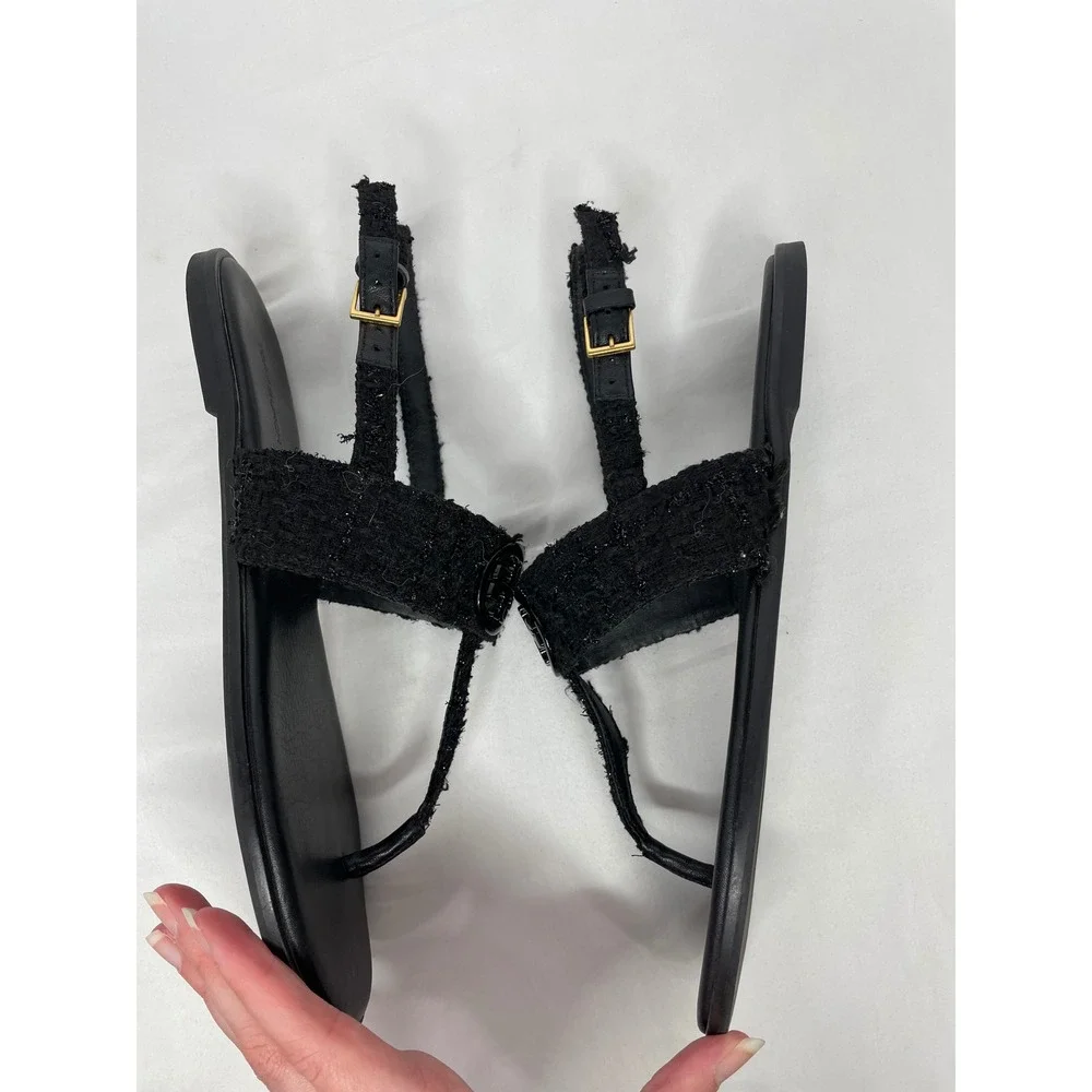 Tory Burch Miller Tweed Slingback Sandals Womens 9.5 Black Excellent Thong Flat
